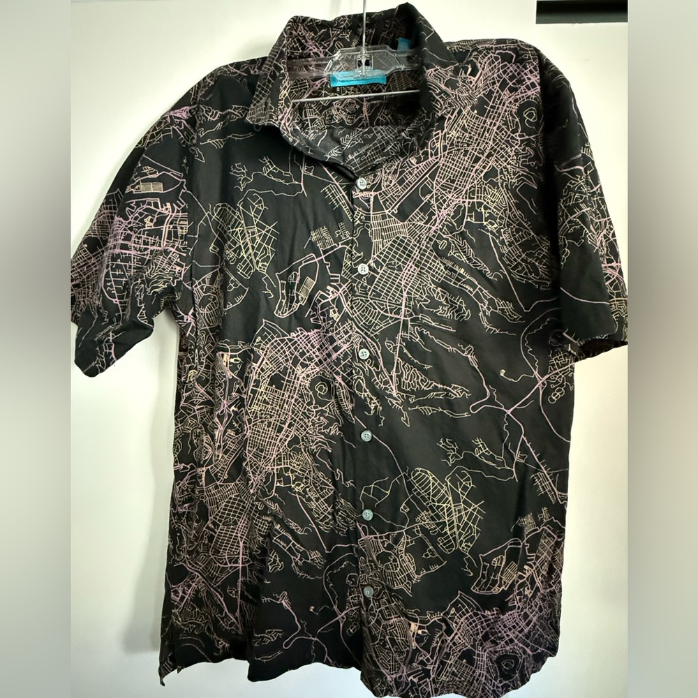Tori Richard Black and Purple Honolulu Map Print Shirt